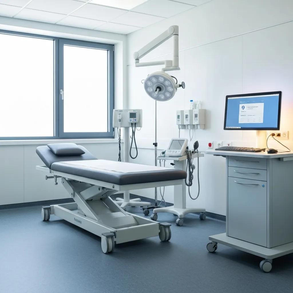 Well-appointed medical exam room with essential clinical equipment and bright lighting